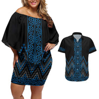 Blue Aotearoa Mangopare Kowhaiwhai and Niho Taniwha Couples Matching Off Shoulder Short Dress and Hawaiian Shirt Maori New Zealand