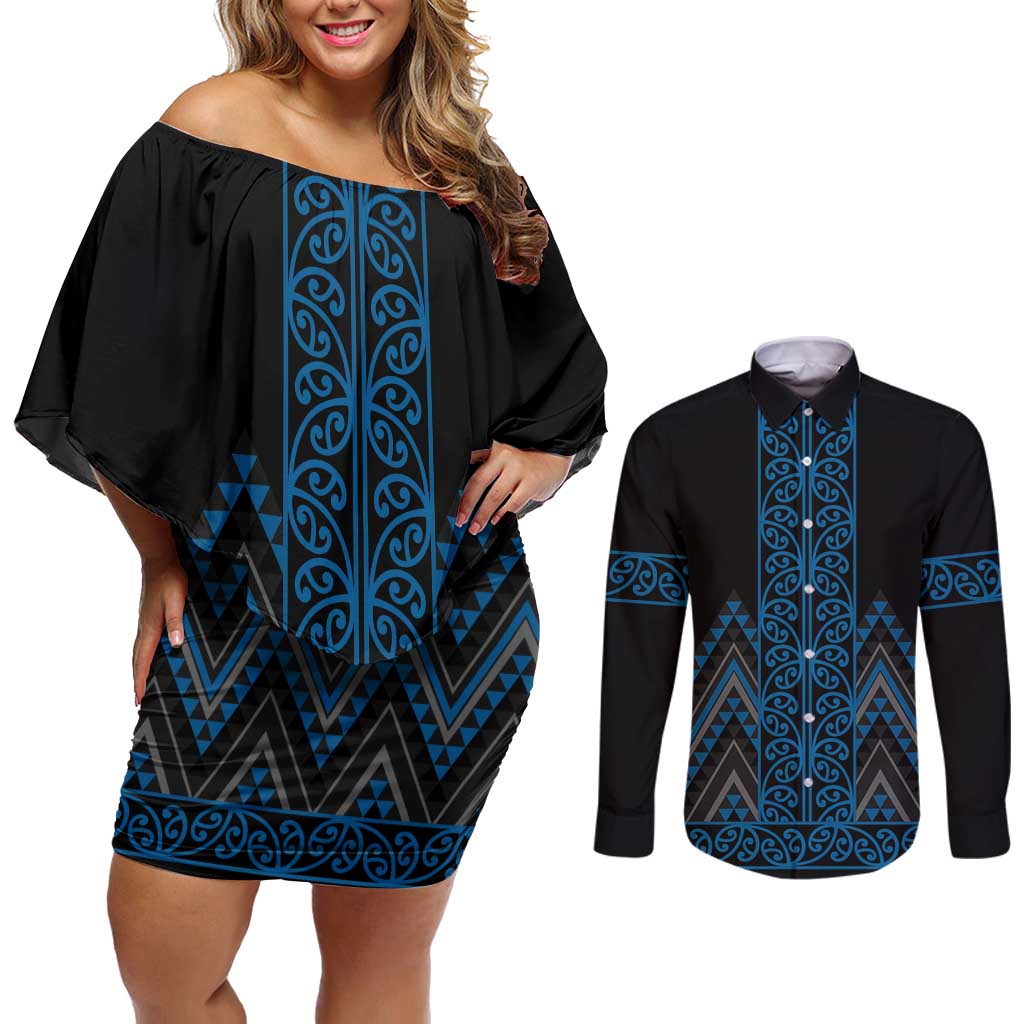 Blue Aotearoa Mangopare Kowhaiwhai and Niho Taniwha Couples Matching Off Shoulder Short Dress and Long Sleeve Button Shirt Maori New Zealand