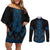 Blue Aotearoa Mangopare Kowhaiwhai and Niho Taniwha Couples Matching Off Shoulder Short Dress and Long Sleeve Button Shirt Maori New Zealand