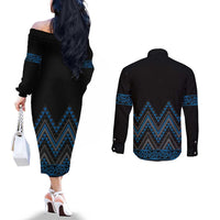 Blue Aotearoa Mangopare Kowhaiwhai and Niho Taniwha Couples Matching Off The Shoulder Long Sleeve Dress and Long Sleeve Button Shirt Maori New Zealand