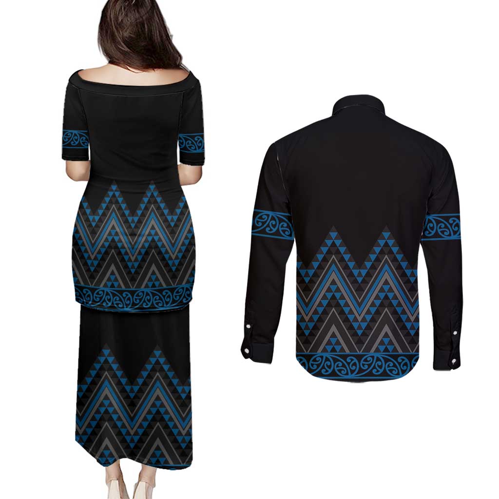 Blue Aotearoa Mangopare Kowhaiwhai and Niho Taniwha Couples Matching Puletasi and Long Sleeve Button Shirt Maori New Zealand