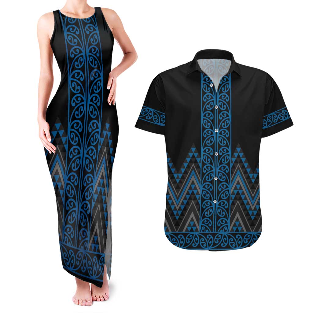 Blue Aotearoa Mangopare Kowhaiwhai and Niho Taniwha Couples Matching Tank Maxi Dress and Hawaiian Shirt Maori New Zealand