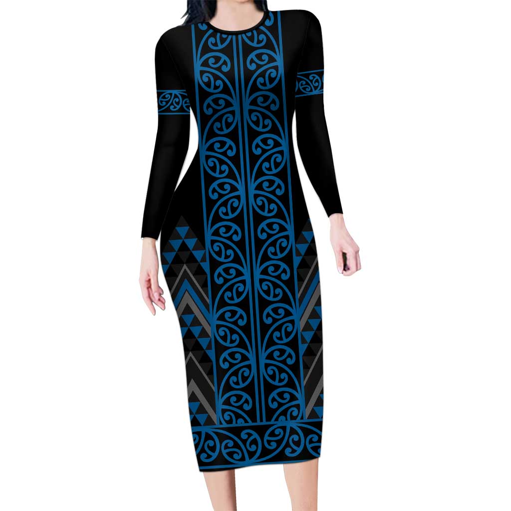 Blue Aotearoa Mangopare Kowhaiwhai and Niho Taniwha Family Matching Long Sleeve Bodycon Dress and Hawaiian Shirt Maori New Zealand