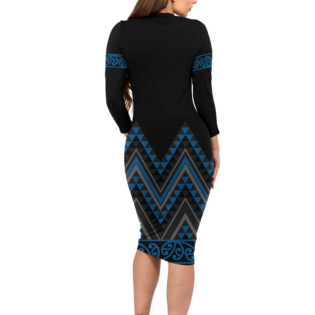 Blue Aotearoa Mangopare Kowhaiwhai and Niho Taniwha Family Matching Long Sleeve Bodycon Dress and Hawaiian Shirt Maori New Zealand