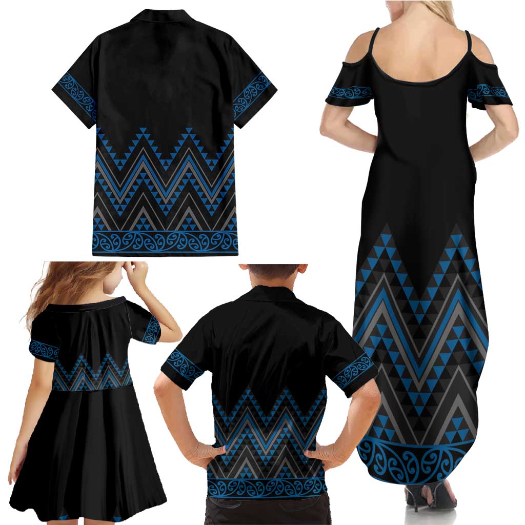 Blue Aotearoa Mangopare Kowhaiwhai and Niho Taniwha Family Matching Summer Maxi Dress and Hawaiian Shirt Maori New Zealand