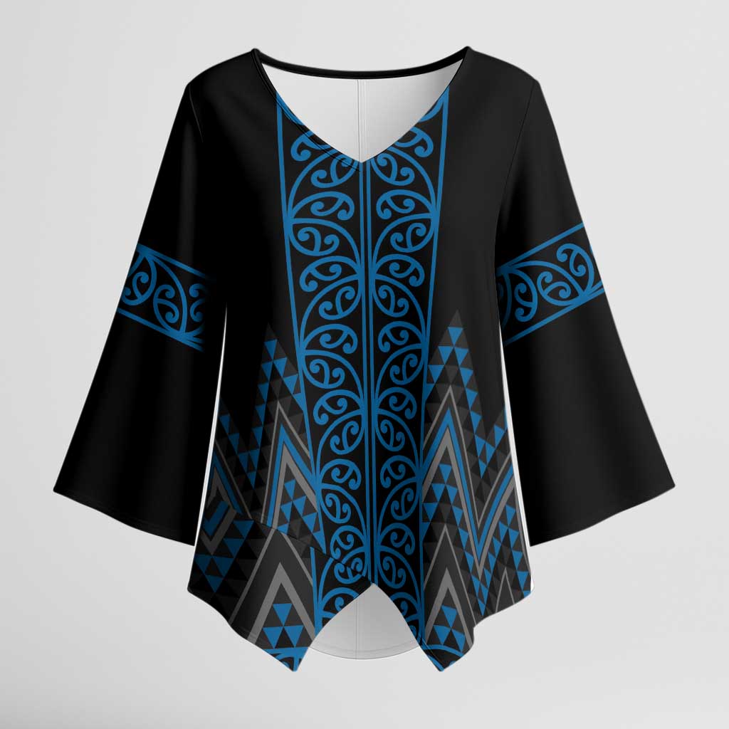 Blue Aotearoa Mangopare Kowhaiwhai Niho Taniwha Kimono Sleeve Blouse Maori New Zealand - Polynesian Pride