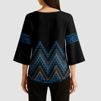 Blue Aotearoa Mangopare Kowhaiwhai Niho Taniwha Kimono Sleeve Blouse Maori New Zealand - Polynesian Pride