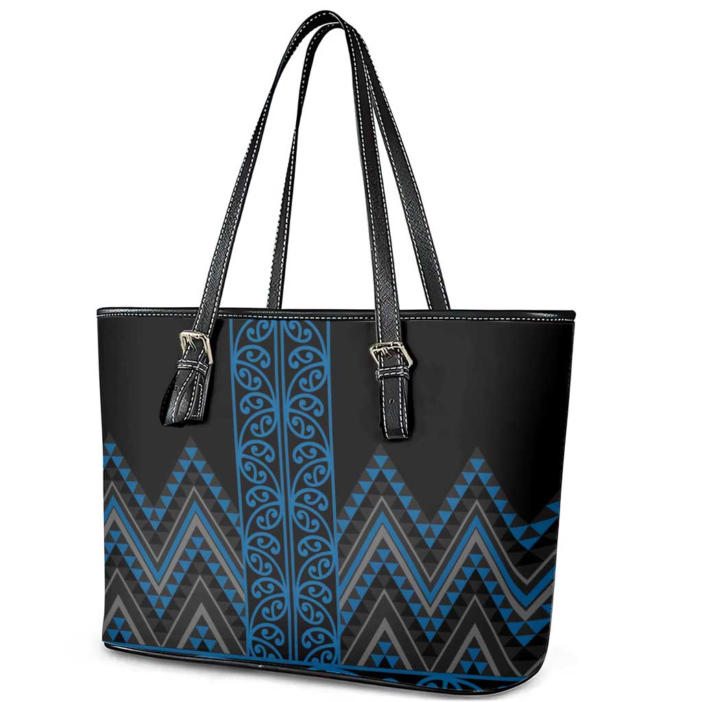 Blue Aotearoa Mangopare Kowhaiwhai and Niho Taniwha Leather Tote Bag Maori New Zealand