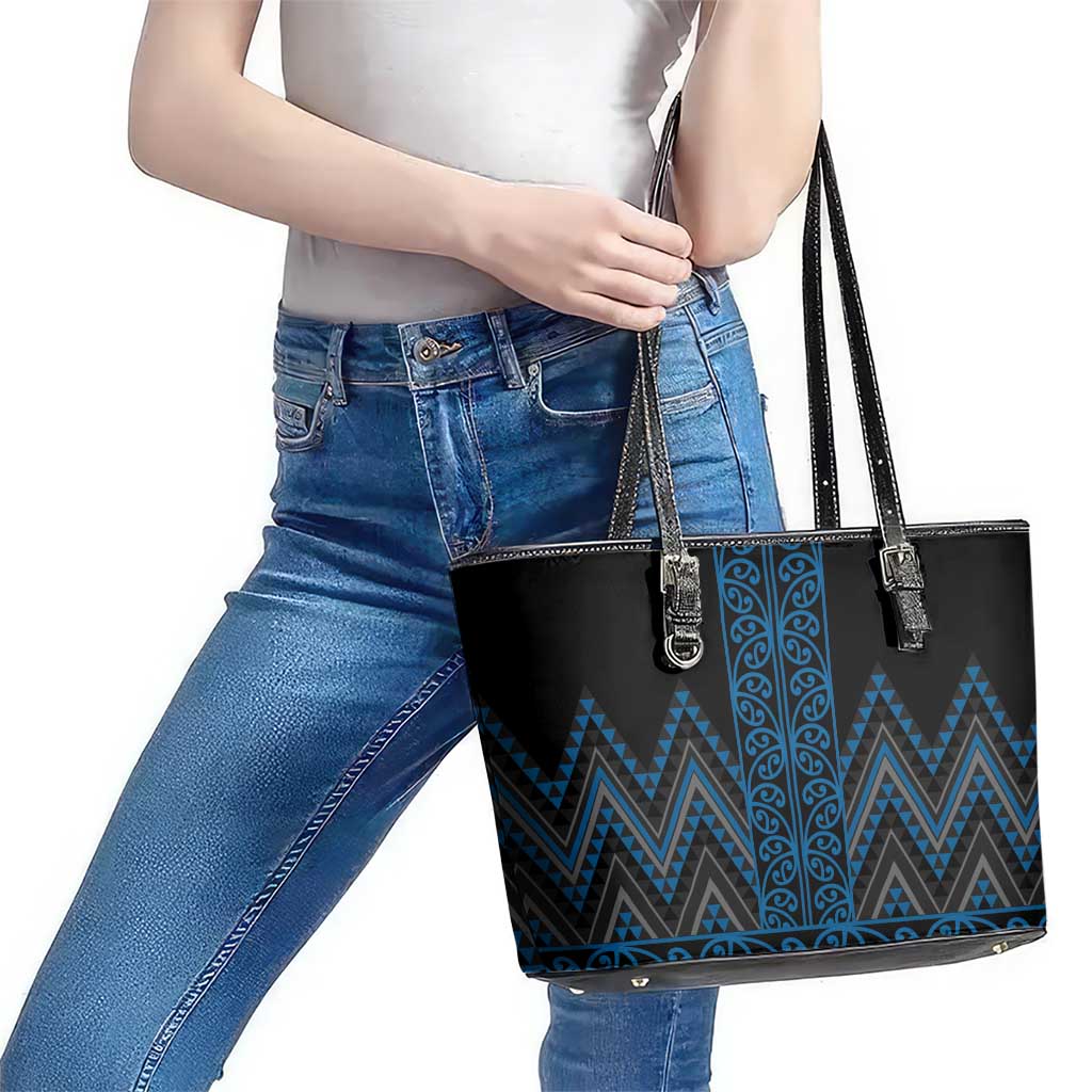 Blue Aotearoa Mangopare Kowhaiwhai and Niho Taniwha Leather Tote Bag Maori New Zealand