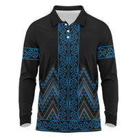 Blue Aotearoa Mangopare Kowhaiwhai and Niho Taniwha Long Sleeve Polo Shirt Maori New Zealand