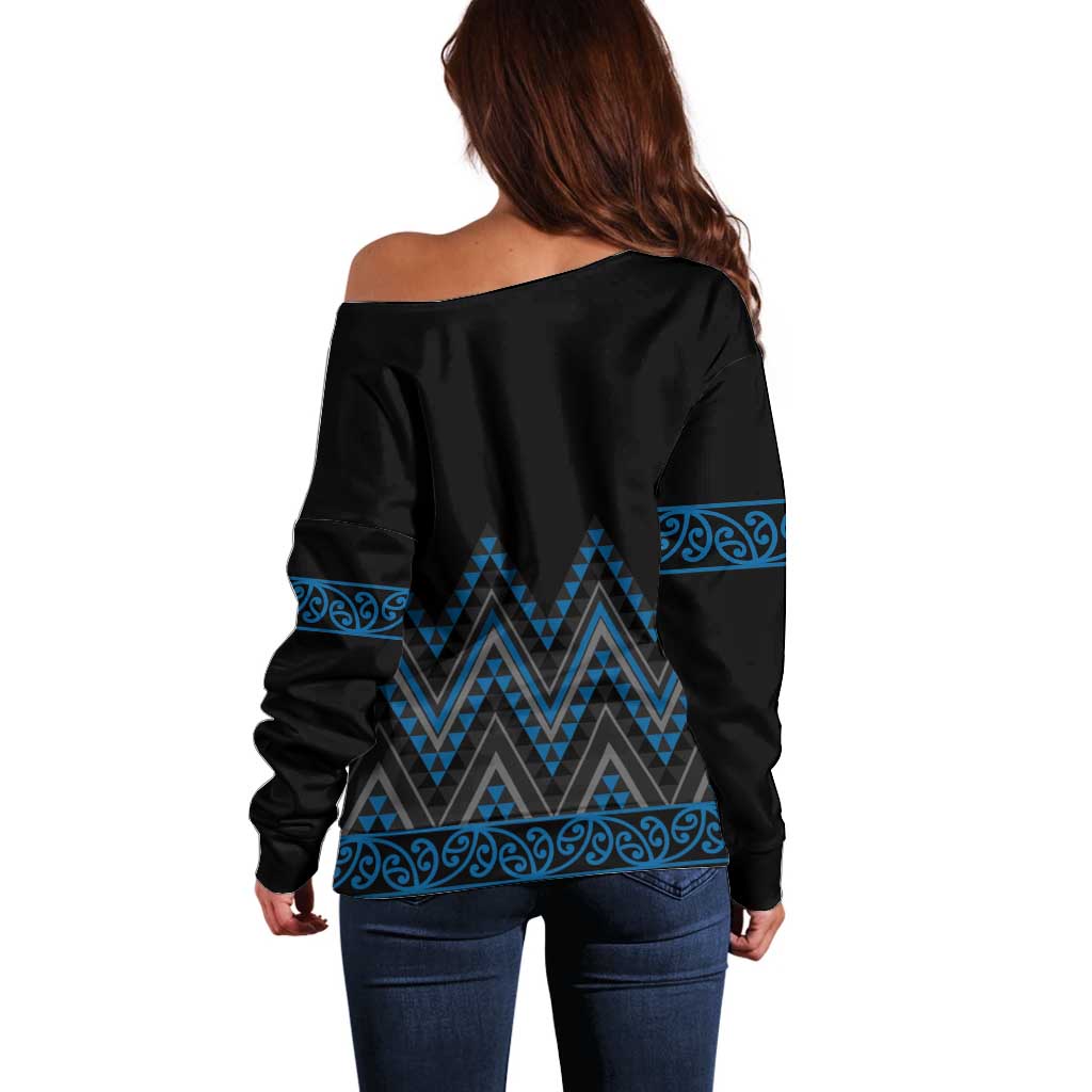 Blue Aotearoa Mangopare Kowhaiwhai and Niho Taniwha Off Shoulder Sweater Maori New Zealand
