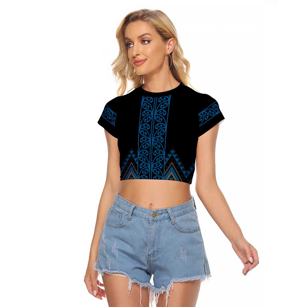 Blue Aotearoa Mangopare Kowhaiwhai and Niho Taniwha Raglan Cropped T Shirt Maori New Zealand