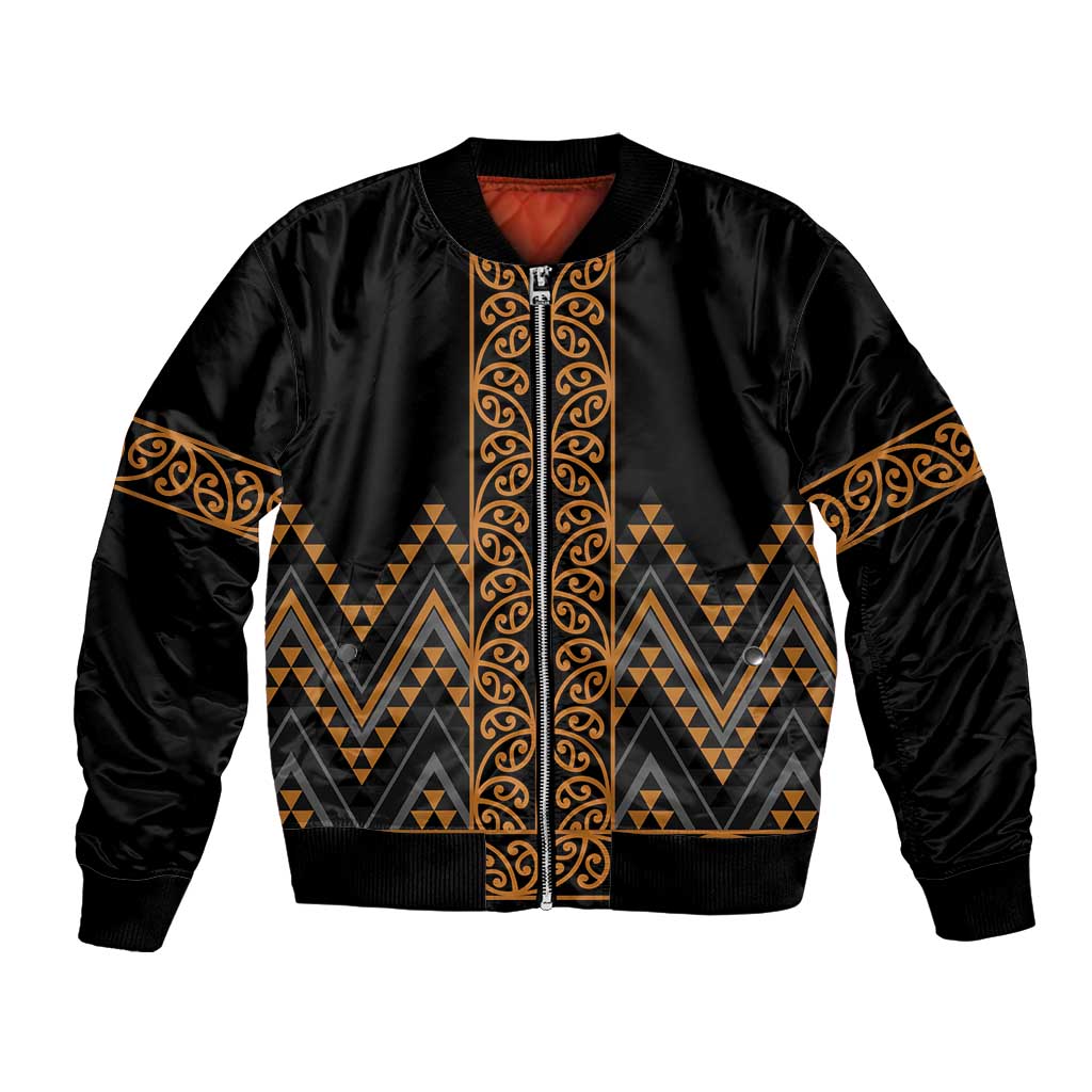 Gold Aotearoa Mangopare Kowhaiwhai and Niho Taniwha Bomber Jacket Maori New Zealand