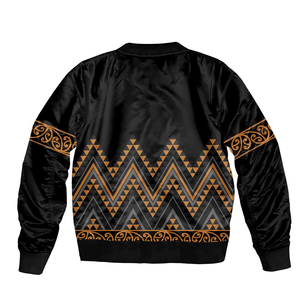 Gold Aotearoa Mangopare Kowhaiwhai and Niho Taniwha Bomber Jacket Maori New Zealand