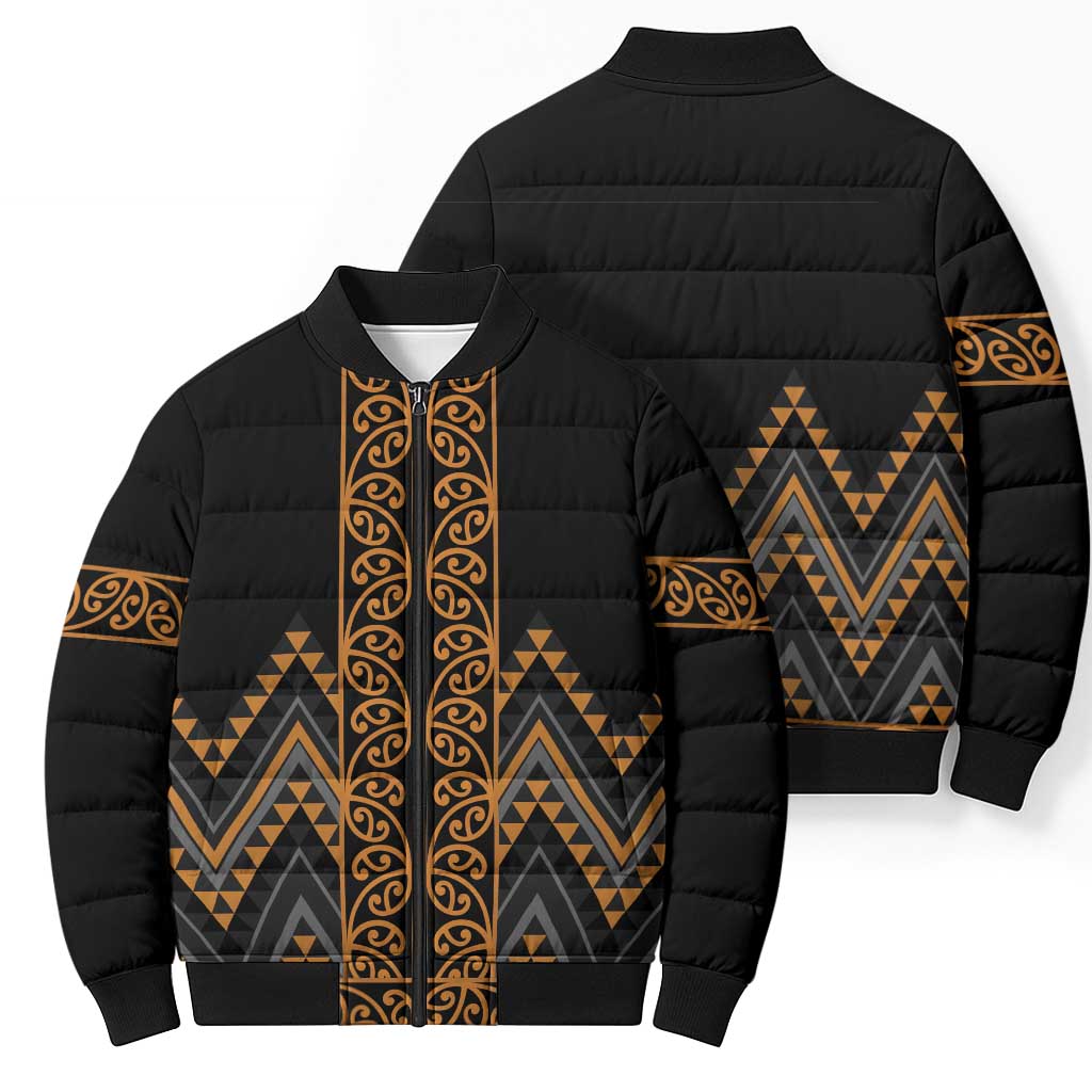Gold Aotearoa Mangopare Kowhaiwhai Niho Taniwha Bomber Puffer Jacket Maori New Zealand - Polynesian Pride