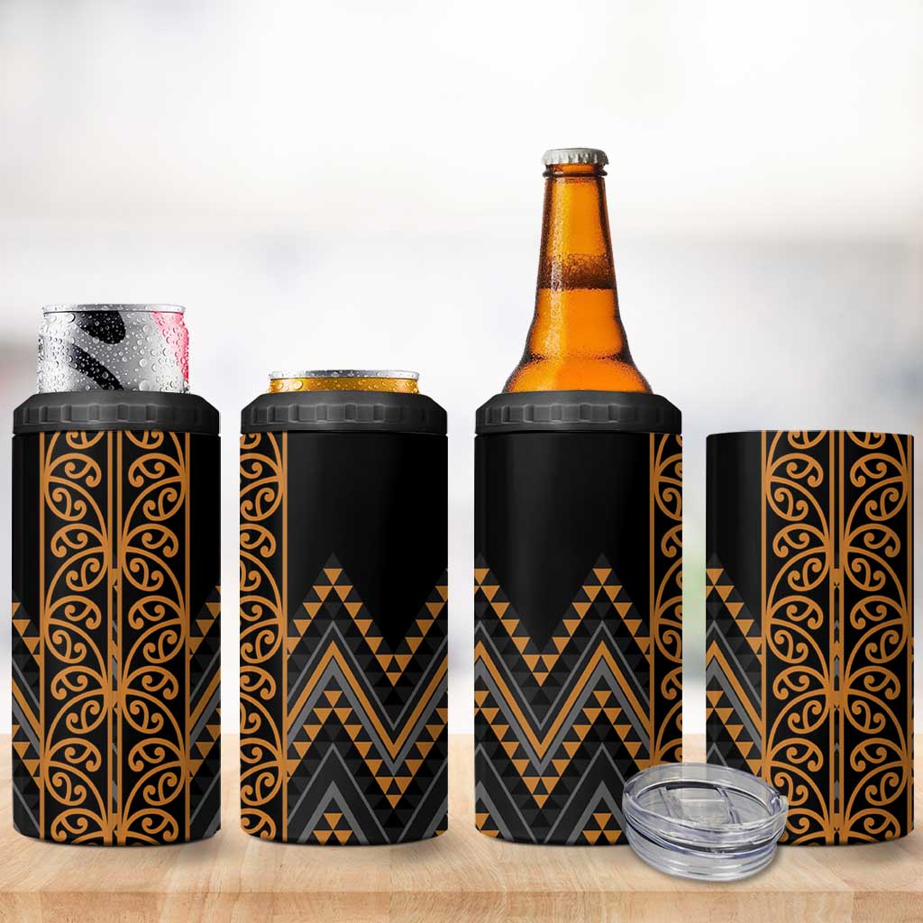Gold Aotearoa Mangopare Kowhaiwhai and Niho Taniwha 4 in 1 Can Cooler Tumbler Maori New Zealand