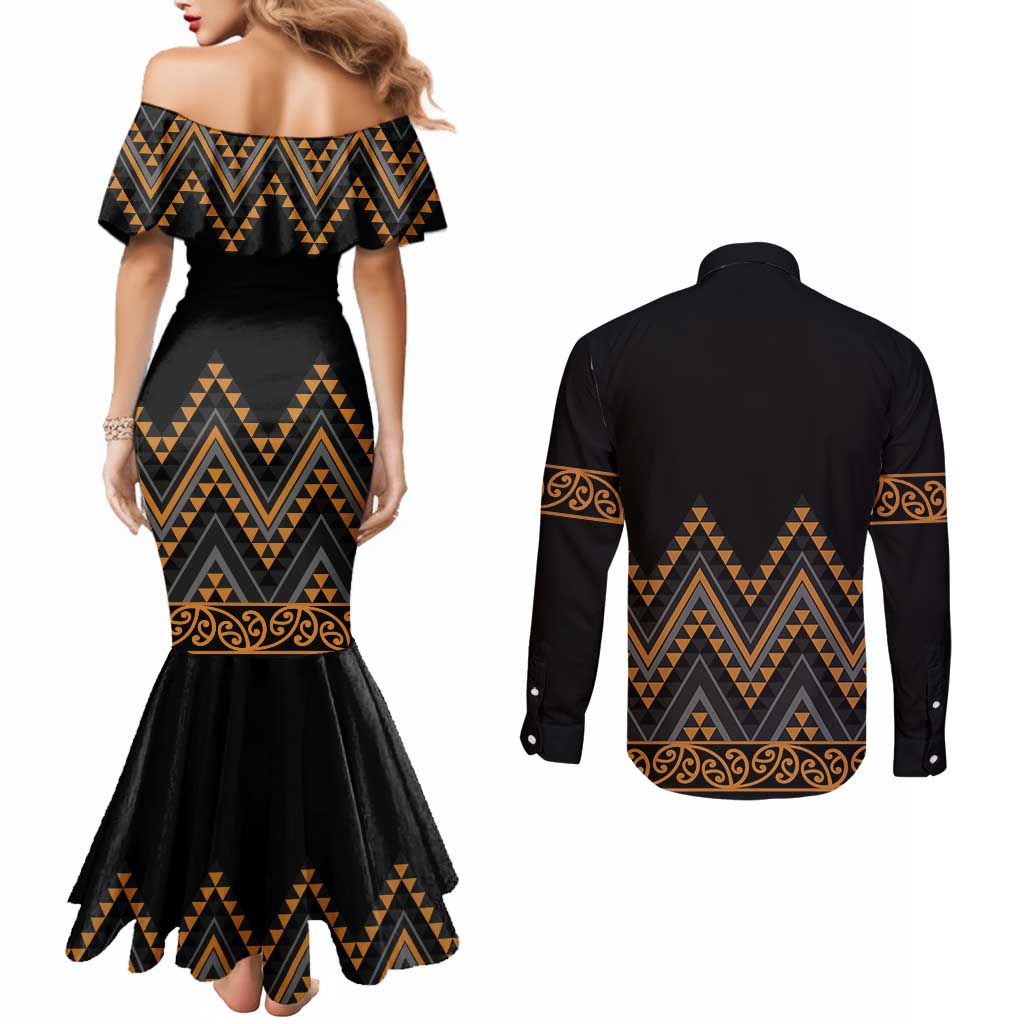 Gold Aotearoa Mangopare Kowhaiwhai and Niho Taniwha Couples Matching Mermaid Dress and Long Sleeve Button Shirt Maori New Zealand