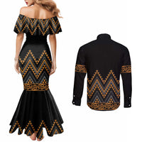 Gold Aotearoa Mangopare Kowhaiwhai and Niho Taniwha Couples Matching Mermaid Dress and Long Sleeve Button Shirt Maori New Zealand