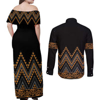 Gold Aotearoa Mangopare Kowhaiwhai and Niho Taniwha Couples Matching Off Shoulder Maxi Dress and Long Sleeve Button Shirt Maori New Zealand