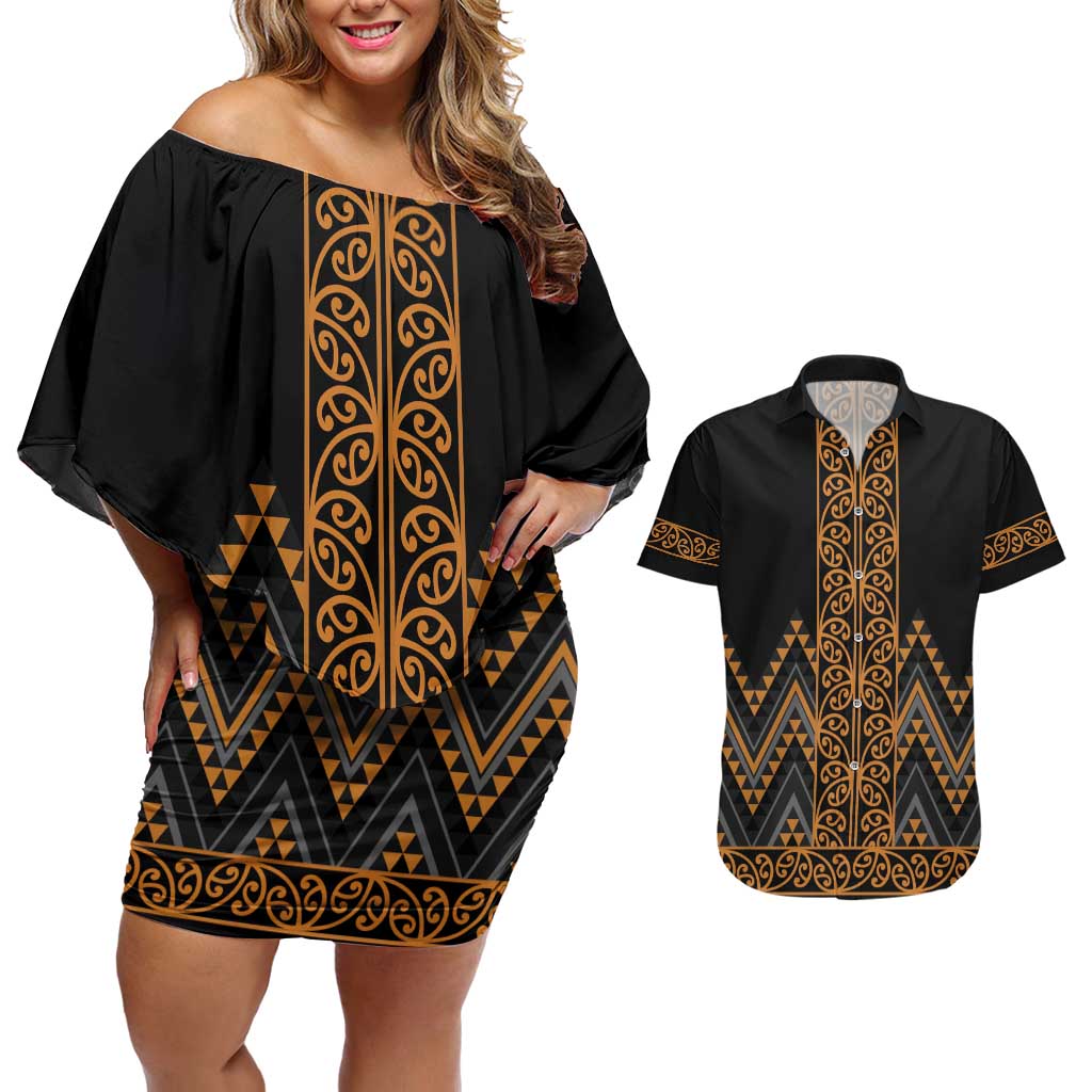 Gold Aotearoa Mangopare Kowhaiwhai and Niho Taniwha Couples Matching Off Shoulder Short Dress and Hawaiian Shirt Maori New Zealand