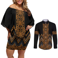 Gold Aotearoa Mangopare Kowhaiwhai and Niho Taniwha Couples Matching Off Shoulder Short Dress and Long Sleeve Button Shirt Maori New Zealand