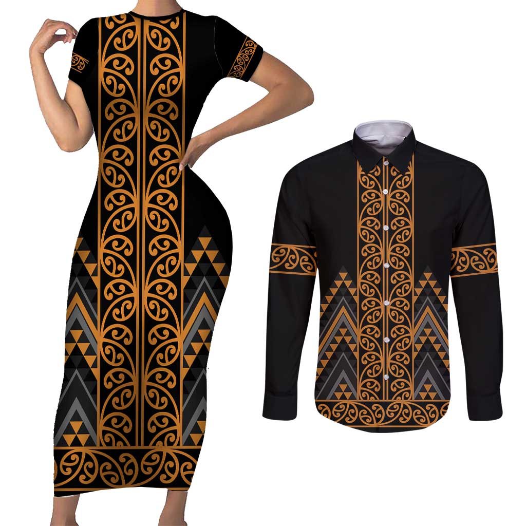 Gold Aotearoa Mangopare Kowhaiwhai and Niho Taniwha Couples Matching Short Sleeve Bodycon Dress and Long Sleeve Button Shirt Maori New Zealand