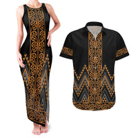 Gold Aotearoa Mangopare Kowhaiwhai and Niho Taniwha Couples Matching Tank Maxi Dress and Hawaiian Shirt Maori New Zealand