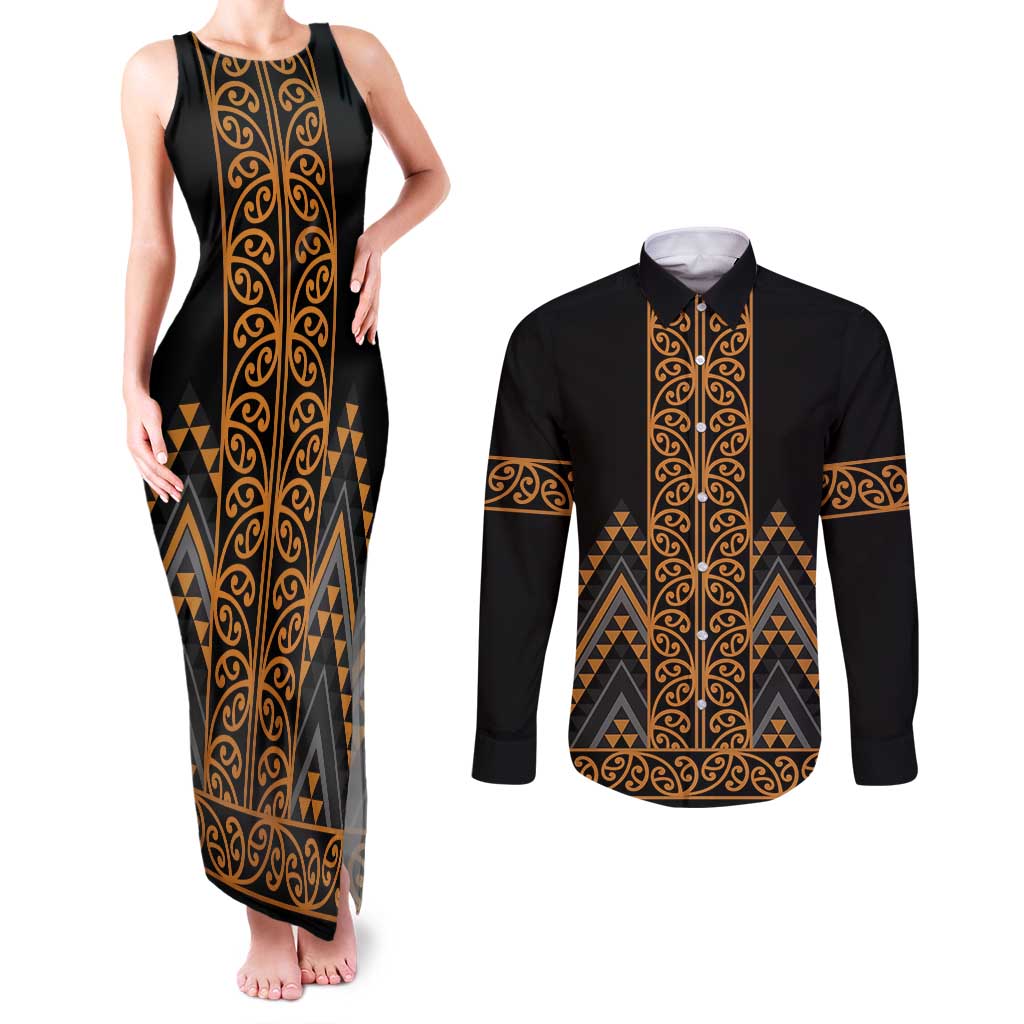 Gold Aotearoa Mangopare Kowhaiwhai and Niho Taniwha Couples Matching Tank Maxi Dress and Long Sleeve Button Shirt Maori New Zealand