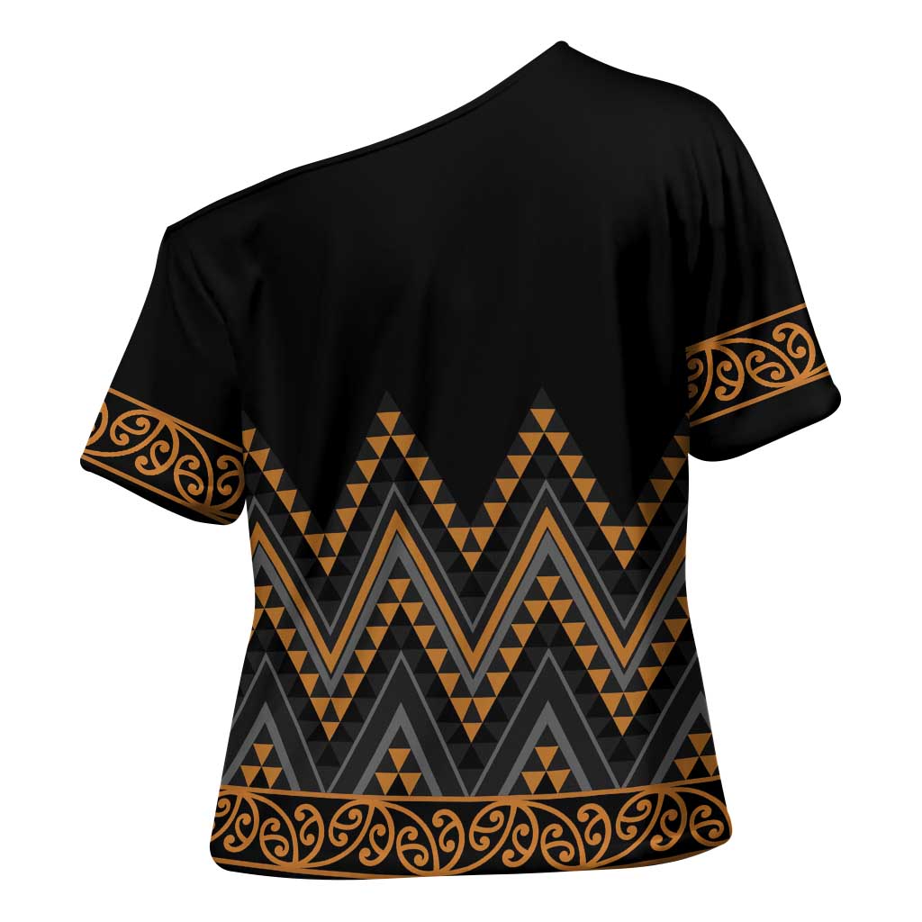 Gold Aotearoa Mangopare Kowhaiwhai Niho Taniwha Cross Shoulder Shirt Maori New Zealand - Polynesian Pride