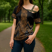 Gold Aotearoa Mangopare Kowhaiwhai Niho Taniwha Cross Shoulder Shirt Maori New Zealand - Polynesian Pride