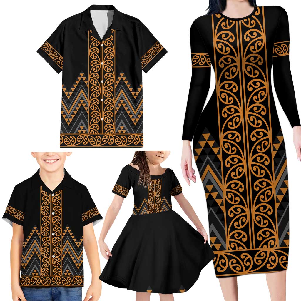 Gold Aotearoa Mangopare Kowhaiwhai and Niho Taniwha Family Matching Long Sleeve Bodycon Dress and Hawaiian Shirt Maori New Zealand