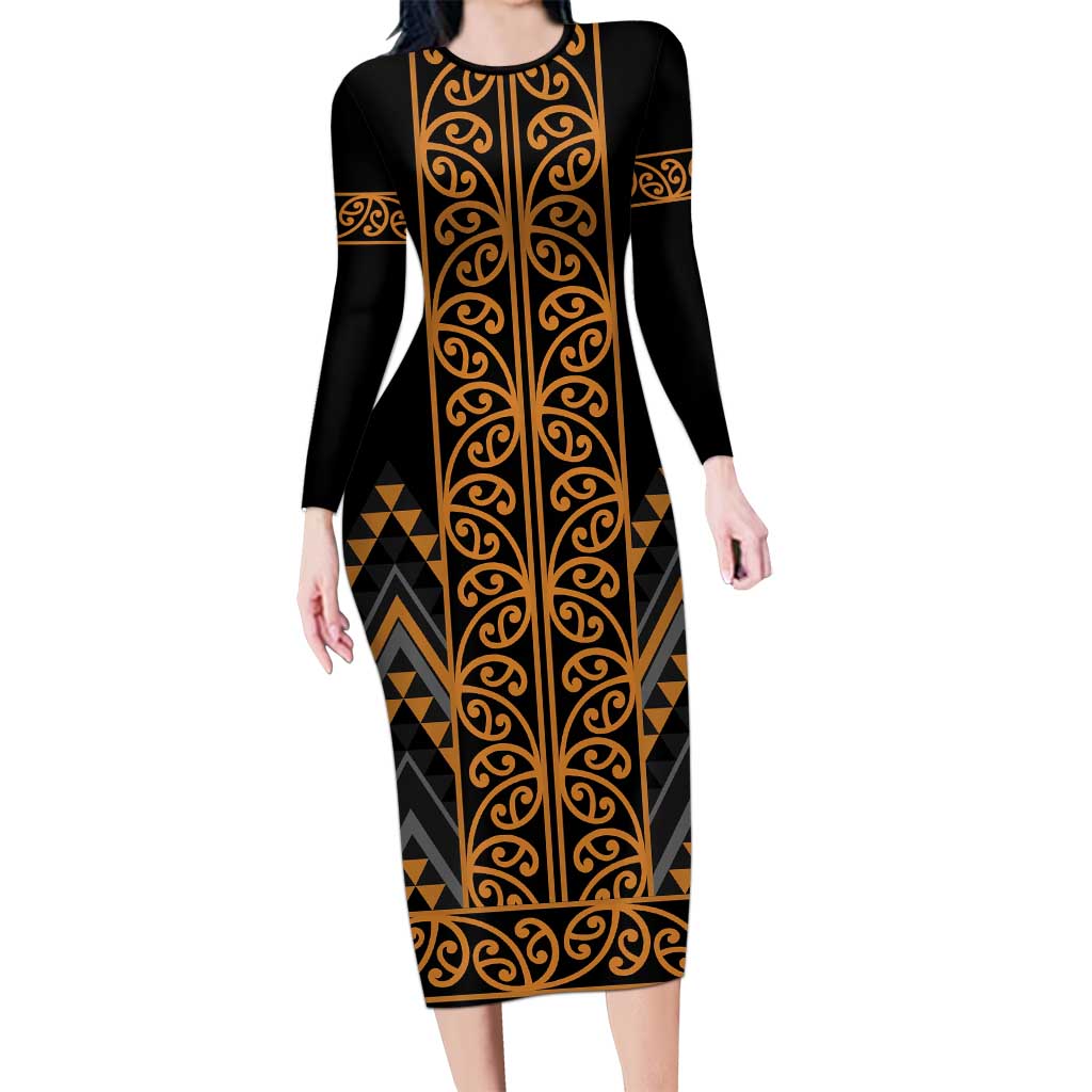 Gold Aotearoa Mangopare Kowhaiwhai and Niho Taniwha Family Matching Long Sleeve Bodycon Dress and Hawaiian Shirt Maori New Zealand