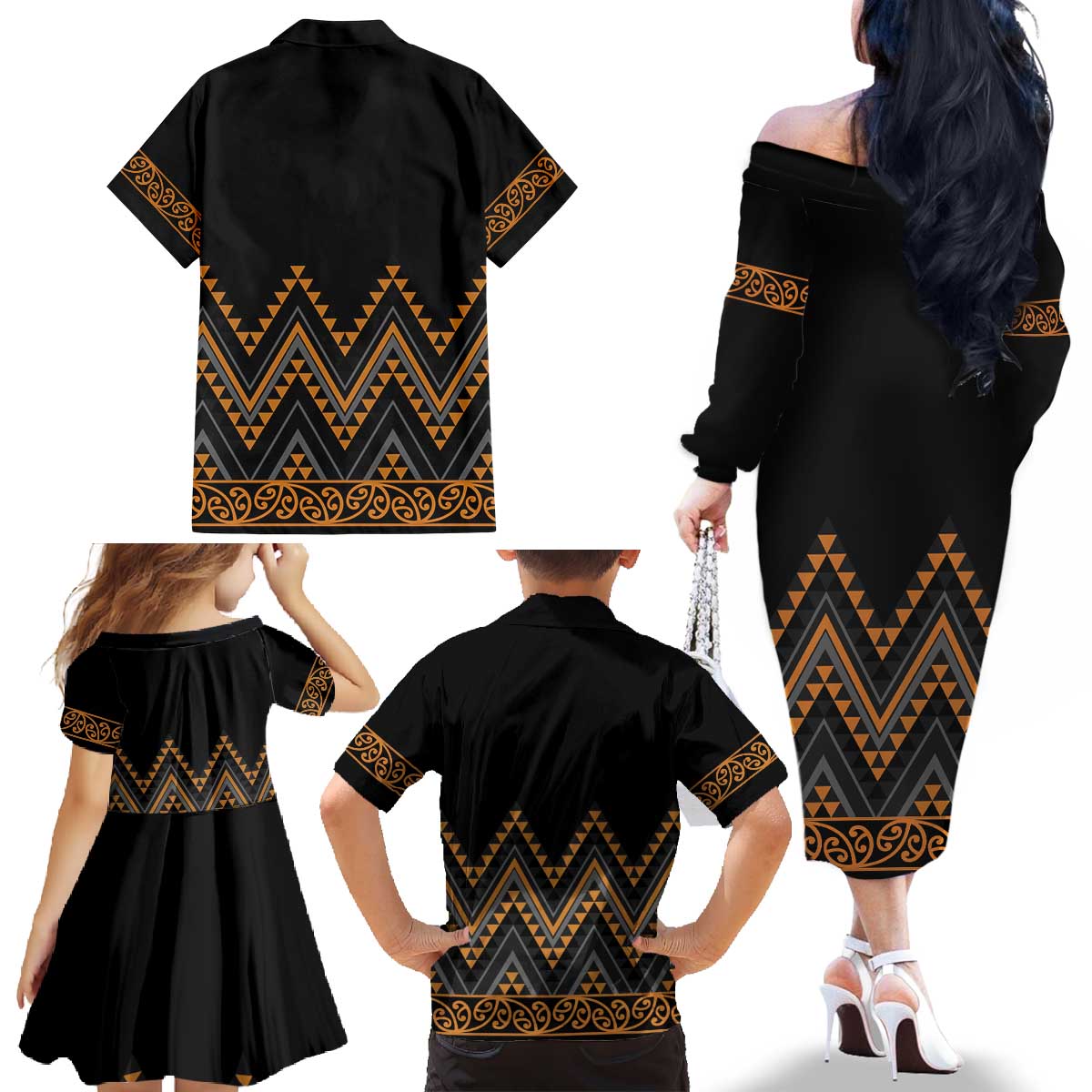 Gold Aotearoa Mangopare Kowhaiwhai and Niho Taniwha Family Matching Off The Shoulder Long Sleeve Dress and Hawaiian Shirt Maori New Zealand