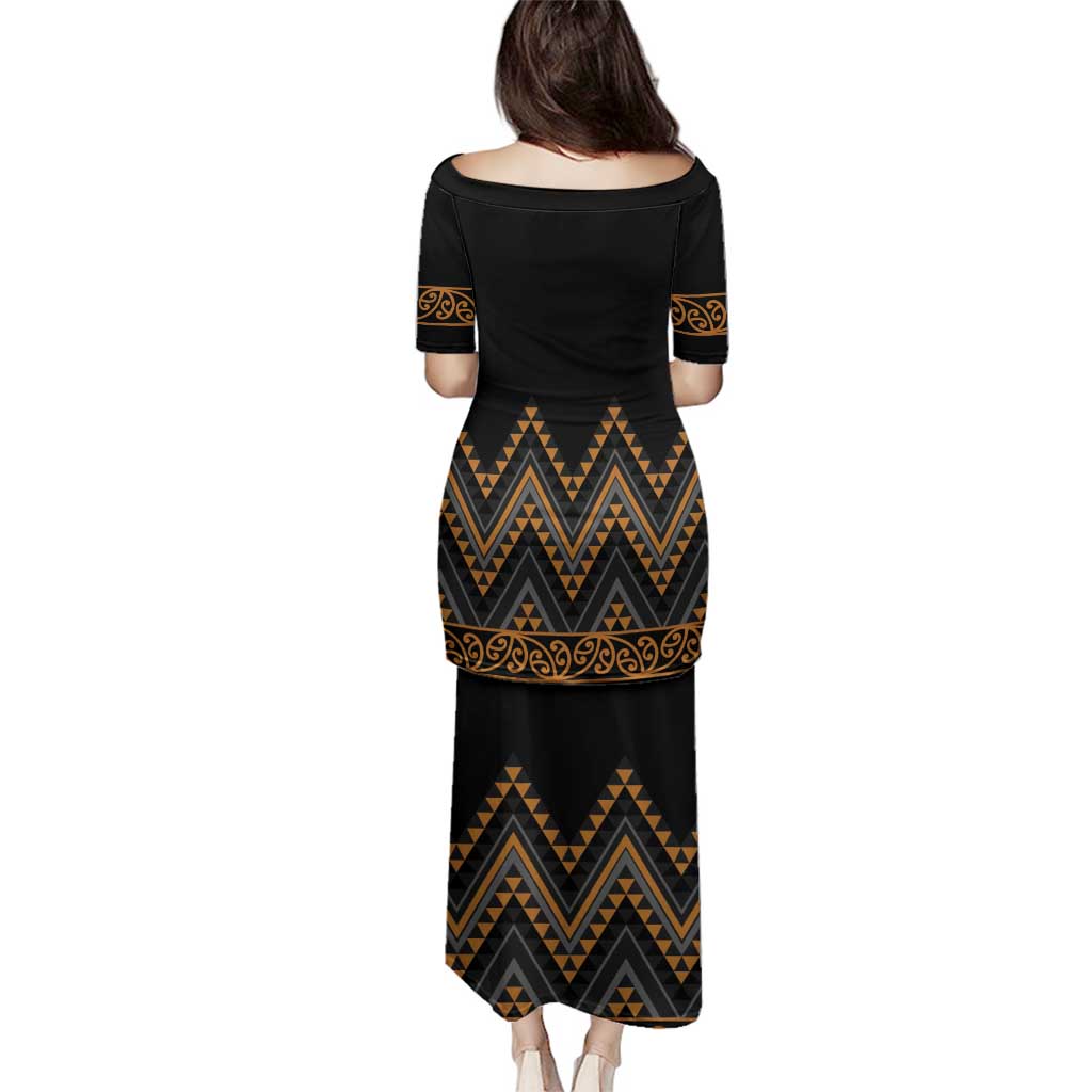 Gold Aotearoa Mangopare Kowhaiwhai and Niho Taniwha Family Matching Puletasi and Hawaiian Shirt Maori New Zealand