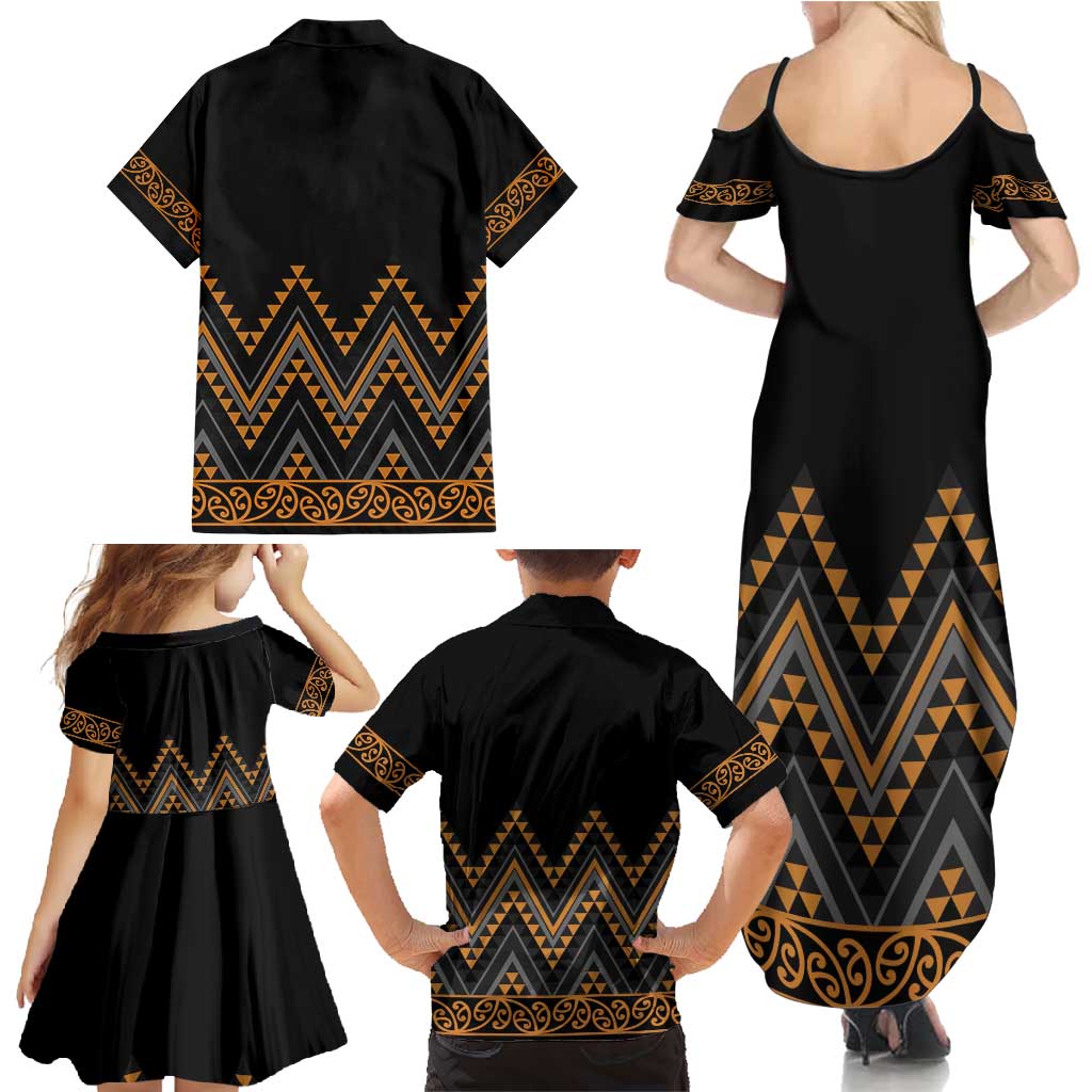 Gold Aotearoa Mangopare Kowhaiwhai and Niho Taniwha Family Matching Summer Maxi Dress and Hawaiian Shirt Maori New Zealand