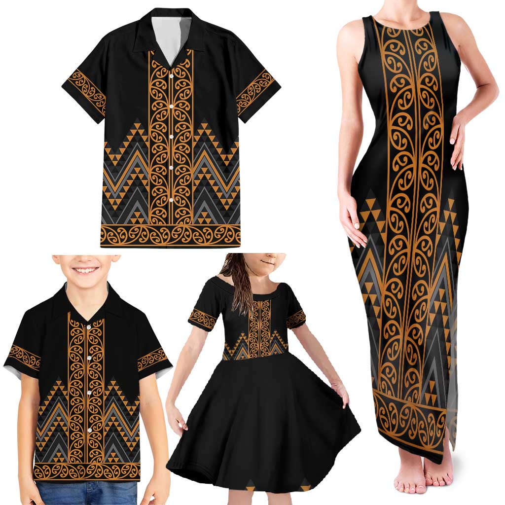 Gold Aotearoa Mangopare Kowhaiwhai and Niho Taniwha Family Matching Tank Maxi Dress and Hawaiian Shirt Maori New Zealand
