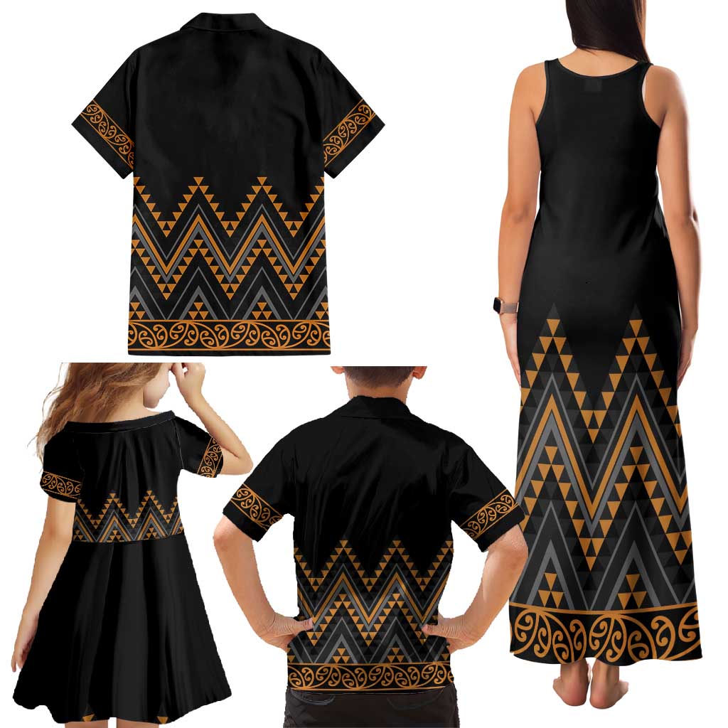 Gold Aotearoa Mangopare Kowhaiwhai and Niho Taniwha Family Matching Tank Maxi Dress and Hawaiian Shirt Maori New Zealand