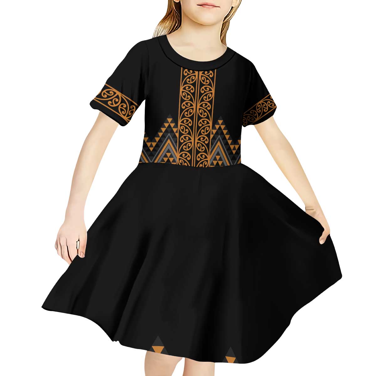 Gold Aotearoa Mangopare Kowhaiwhai and Niho Taniwha Kid Short Sleeve Dress Maori New Zealand