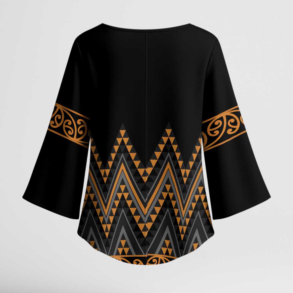 Gold Aotearoa Mangopare Kowhaiwhai Niho Taniwha Kimono Sleeve Blouse Maori New Zealand - Polynesian Pride