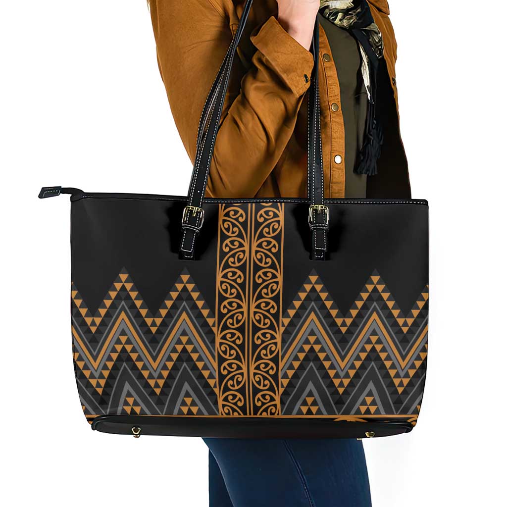 Gold Aotearoa Mangopare Kowhaiwhai and Niho Taniwha Leather Tote Bag Maori New Zealand