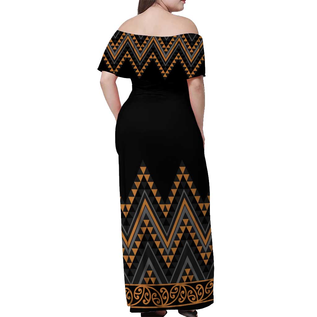 Gold Aotearoa Mangopare Kowhaiwhai and Niho Taniwha Off Shoulder Maxi Dress Maori New Zealand
