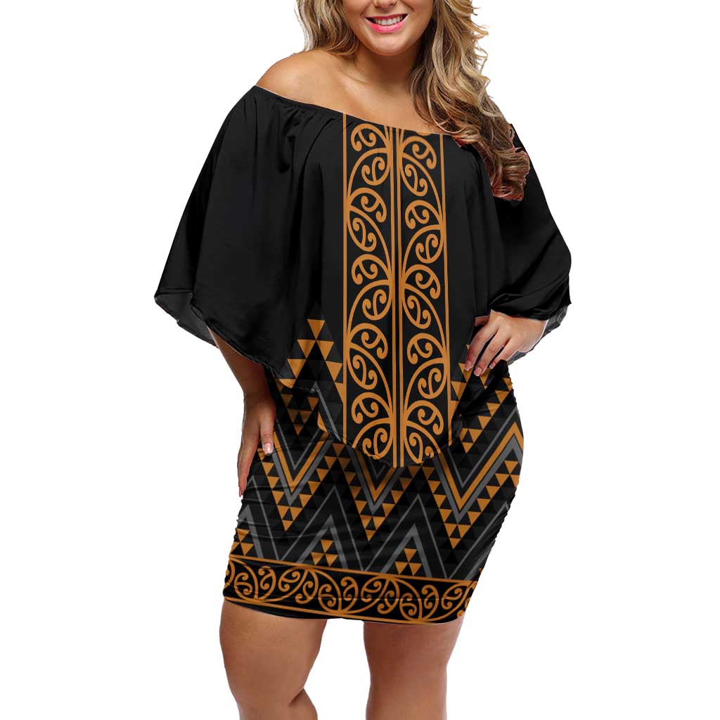 Gold Aotearoa Mangopare Kowhaiwhai and Niho Taniwha Off Shoulder Short Dress Maori New Zealand