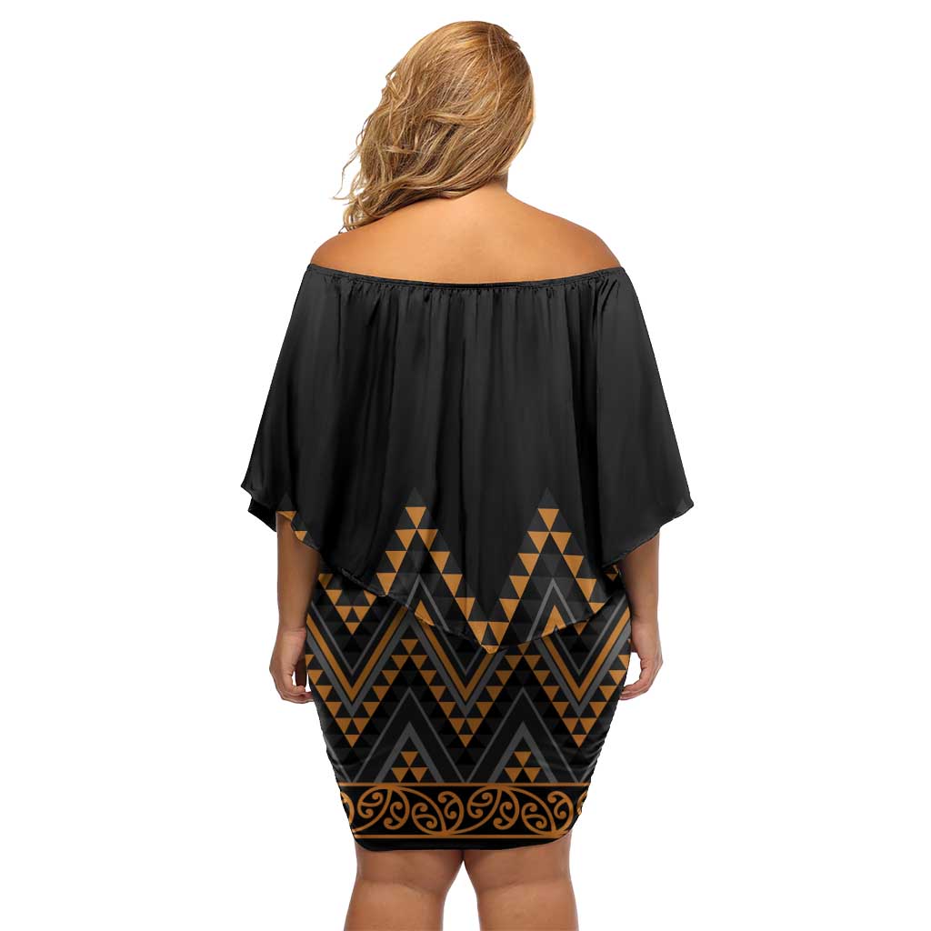 Gold Aotearoa Mangopare Kowhaiwhai and Niho Taniwha Off Shoulder Short Dress Maori New Zealand