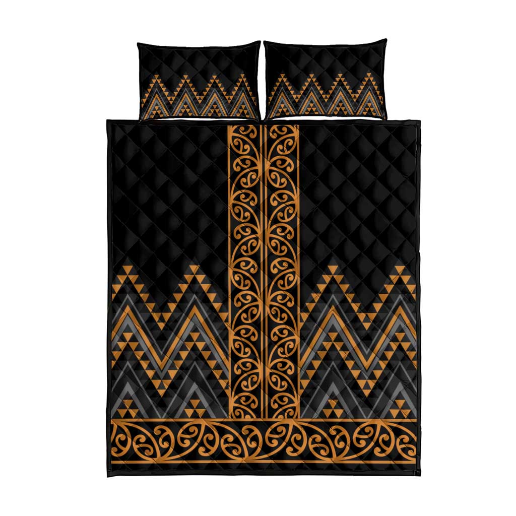 Gold Aotearoa Mangopare Kowhaiwhai and Niho Taniwha Quilt Bed Set Maori New Zealand