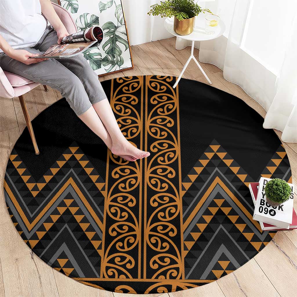 Gold Aotearoa Mangopare Kowhaiwhai and Niho Taniwha Round Carpet Maori New Zealand