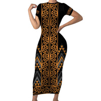 Gold Aotearoa Mangopare Kowhaiwhai and Niho Taniwha Short Sleeve Bodycon Dress Maori New Zealand