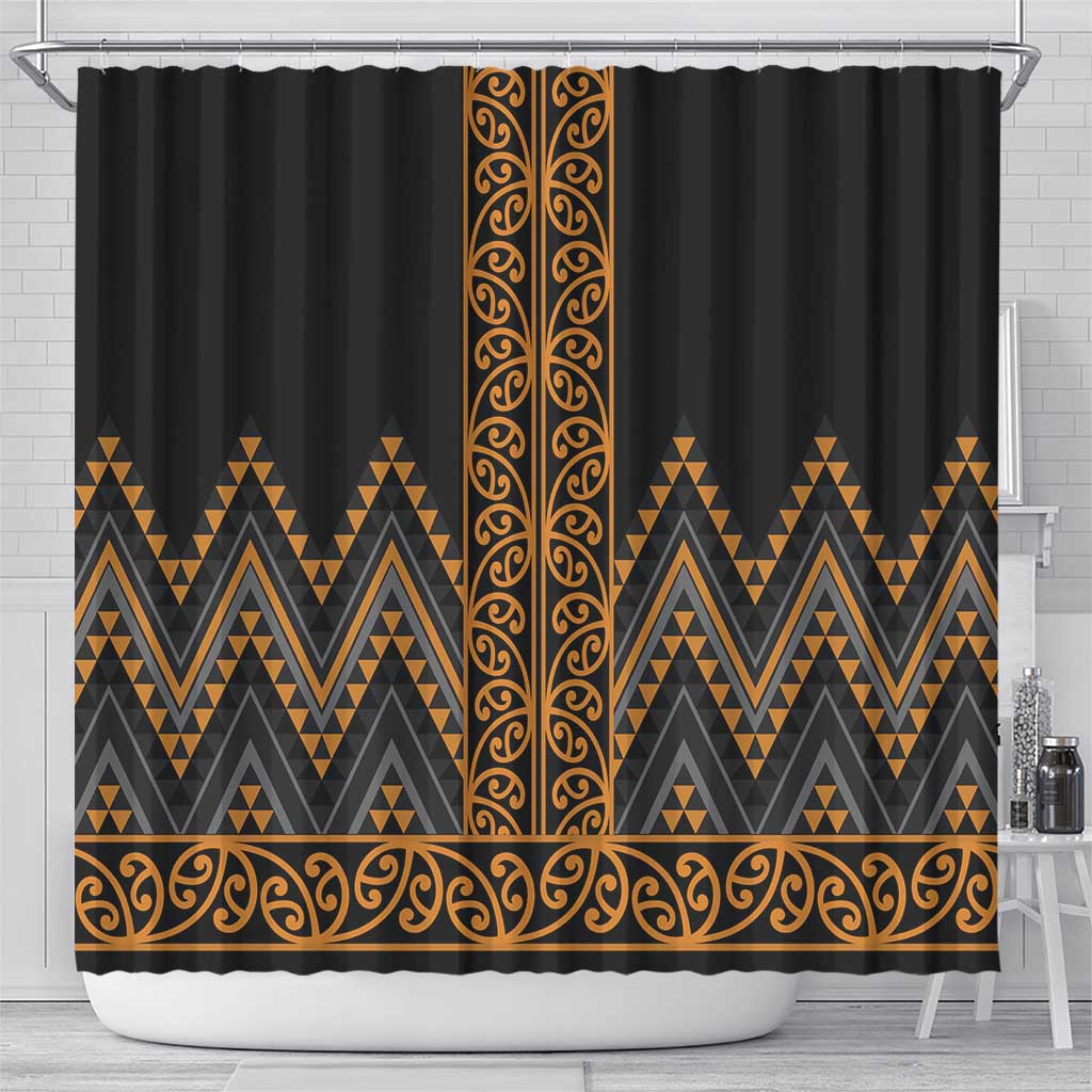 Gold Aotearoa Mangopare Kowhaiwhai and Niho Taniwha Shower Curtain Maori New Zealand