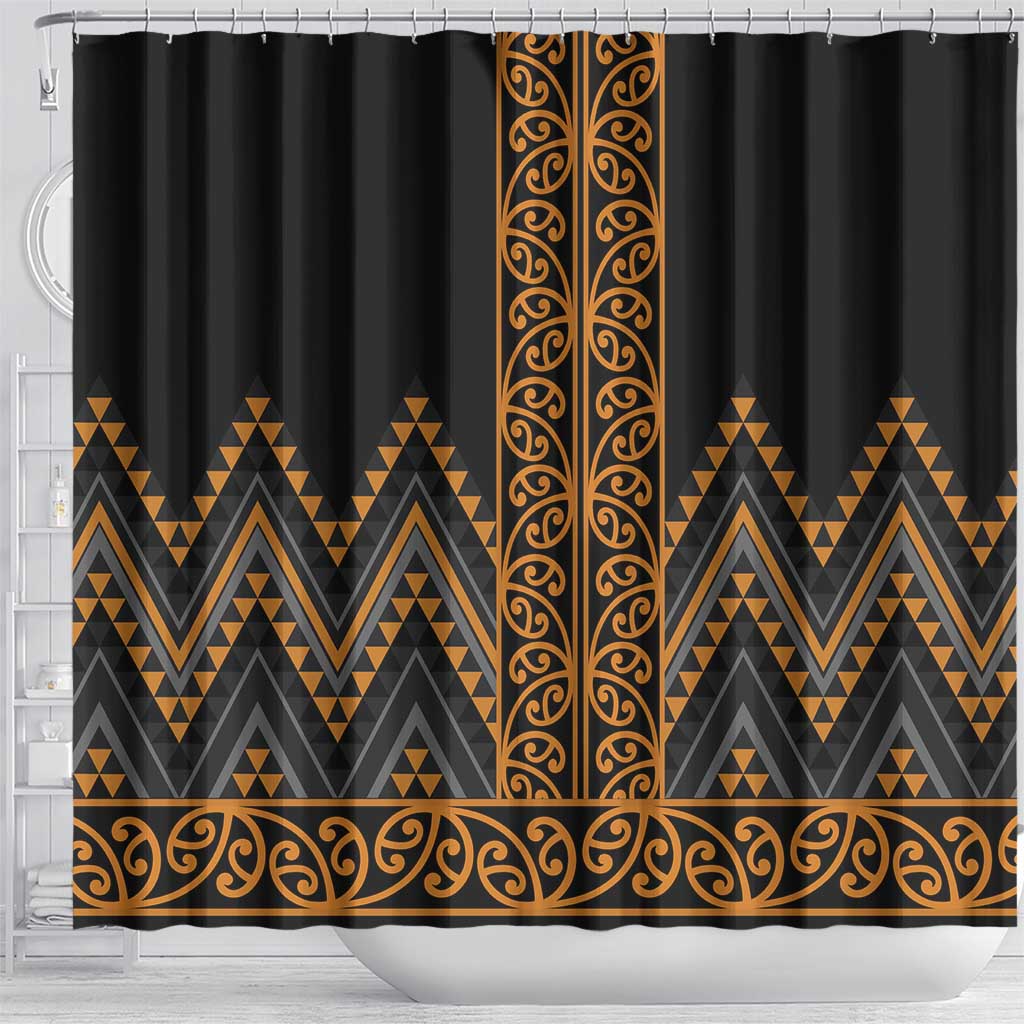 Gold Aotearoa Mangopare Kowhaiwhai and Niho Taniwha Shower Curtain Maori New Zealand
