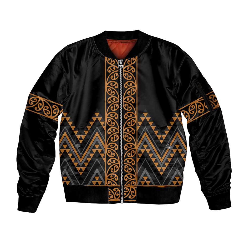 Gold Aotearoa Mangopare Kowhaiwhai and Niho Taniwha Sleeve Zip Bomber Jacket Maori New Zealand