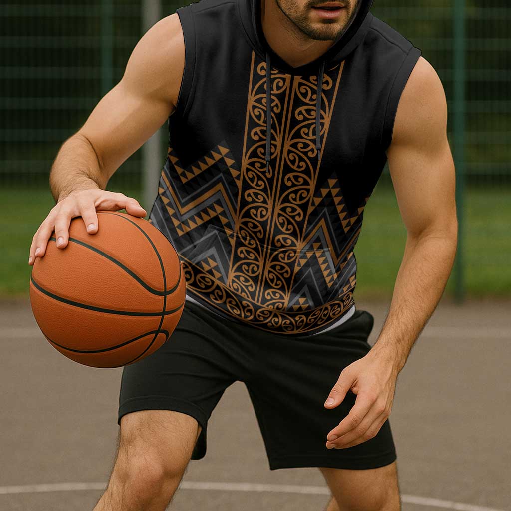 Gold Aotearoa Mangopare Kowhaiwhai Niho Taniwha Sleeveless Hoodie Maori New Zealand - Polynesian Pride